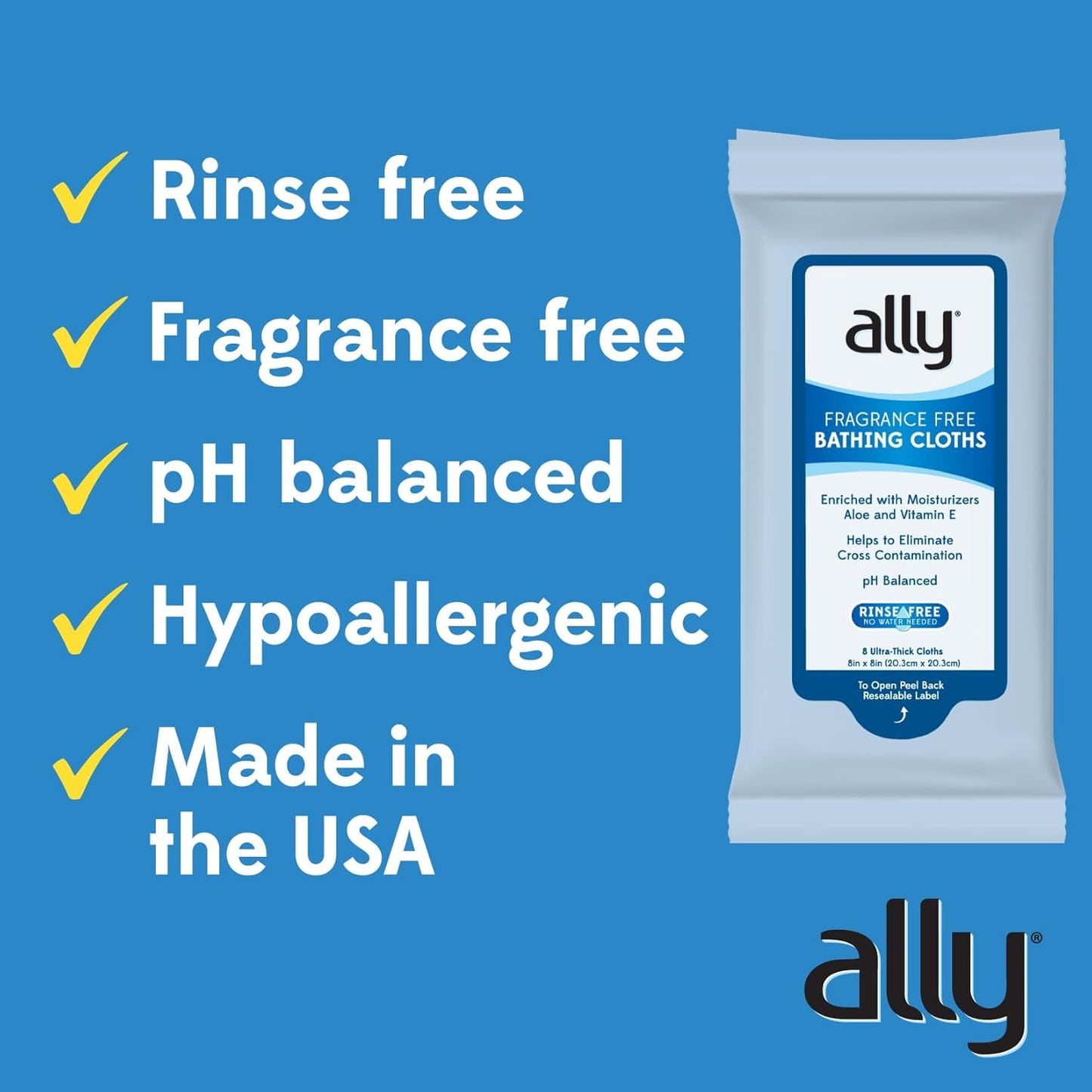 Ally Ultra-Thick Body Wipes with Aloe - No Rinse, Fragrance Free Bathing Wipes