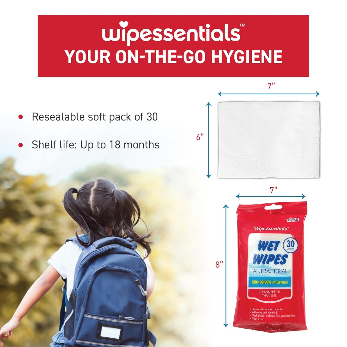 Wipeessentials Anti-bacterial Wipes- 30 count pack, 99.9% Effective Against Most Common Germs