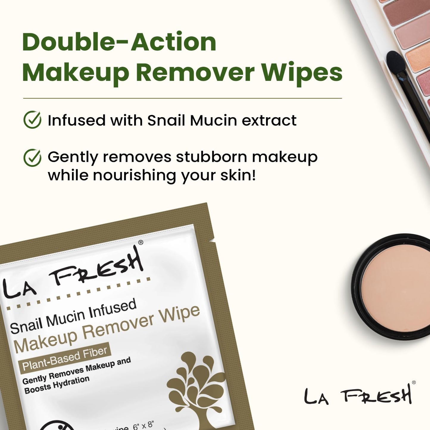 Packaging of La Fresh Snail Mucin Infused Makeup Remover Wipes, with text highlighting the product's benefits and ingredients, such as aloe vera and plant-based fiber.