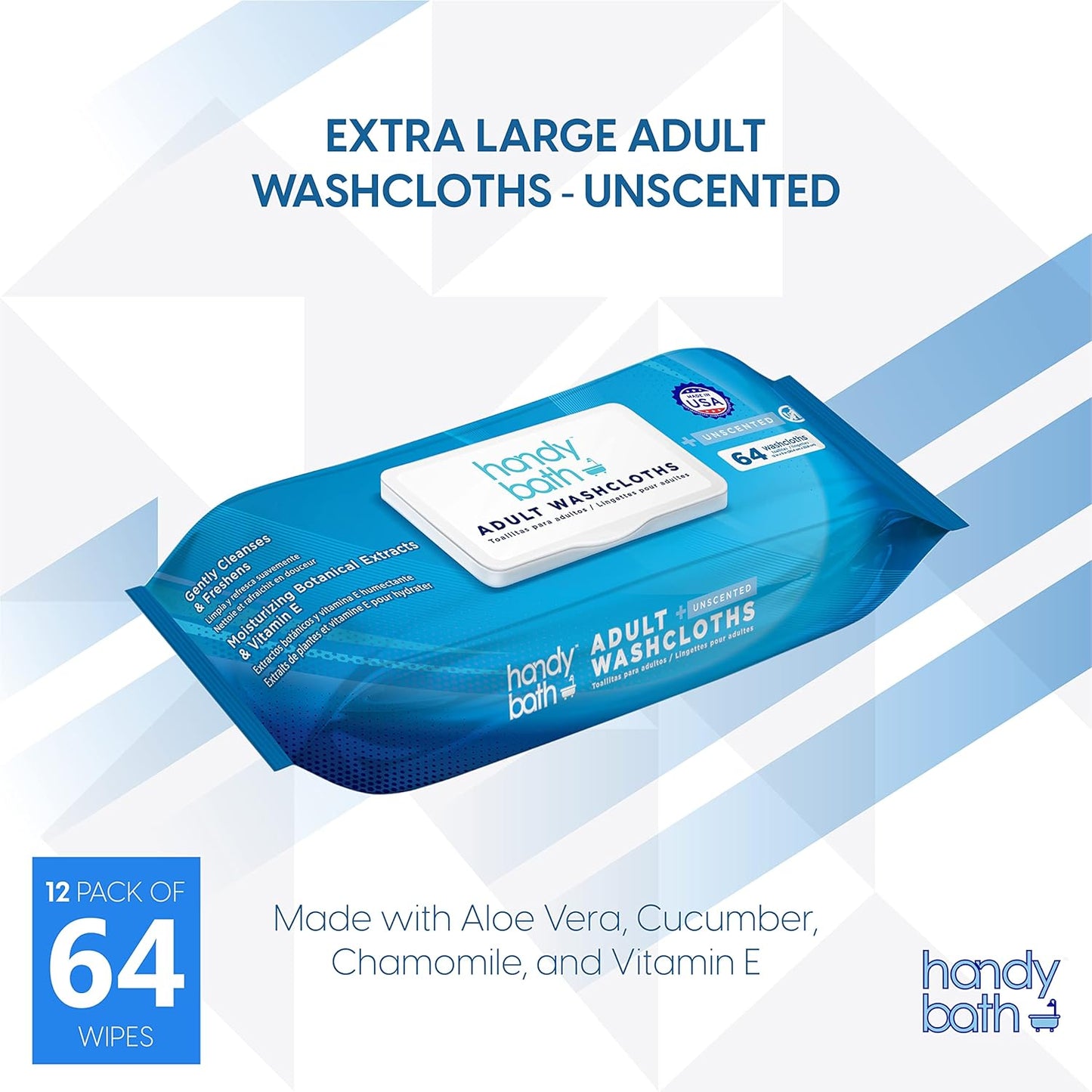 Handybath® Unscented Adult Washcloths - 64 Wipes per Pouch