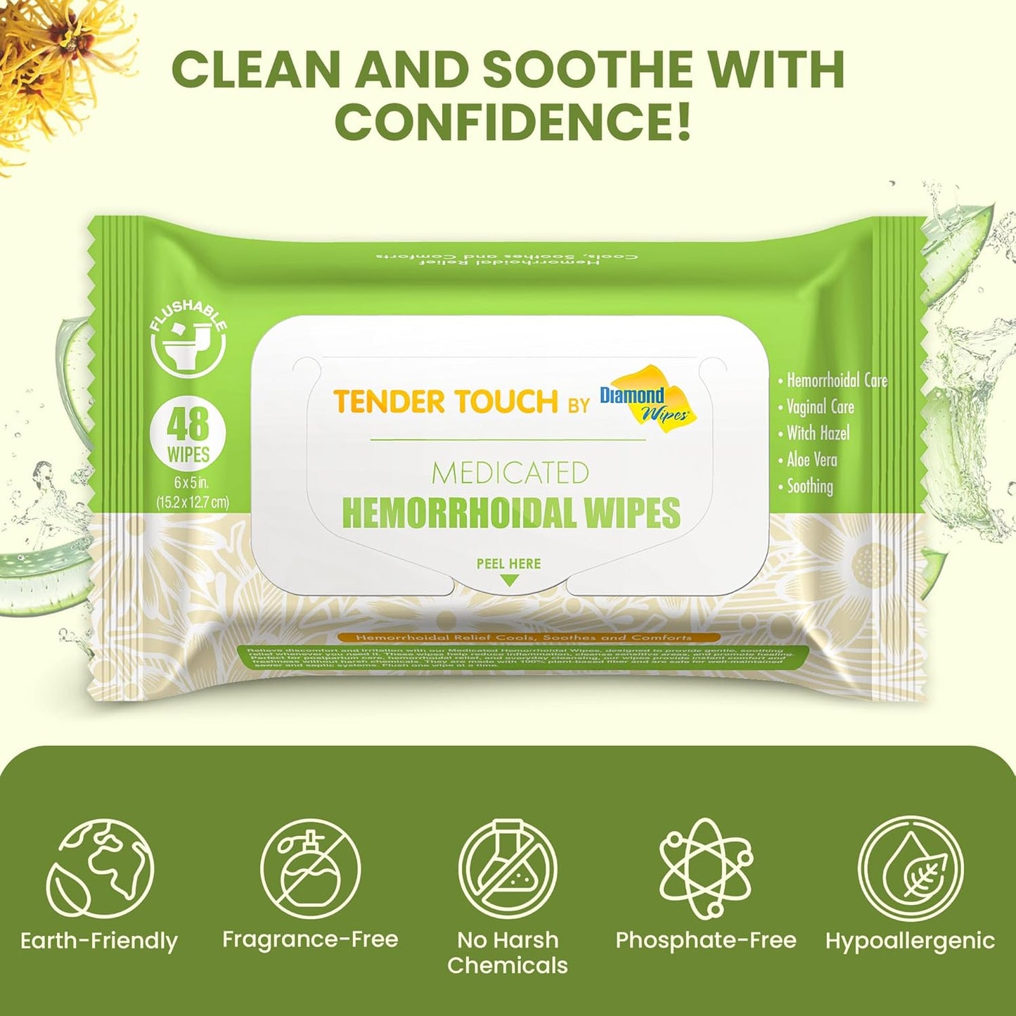 Tender Touch Hemorrhoid Wipes with Witch Hazel and Aloe, Flushable Medicated Wipes