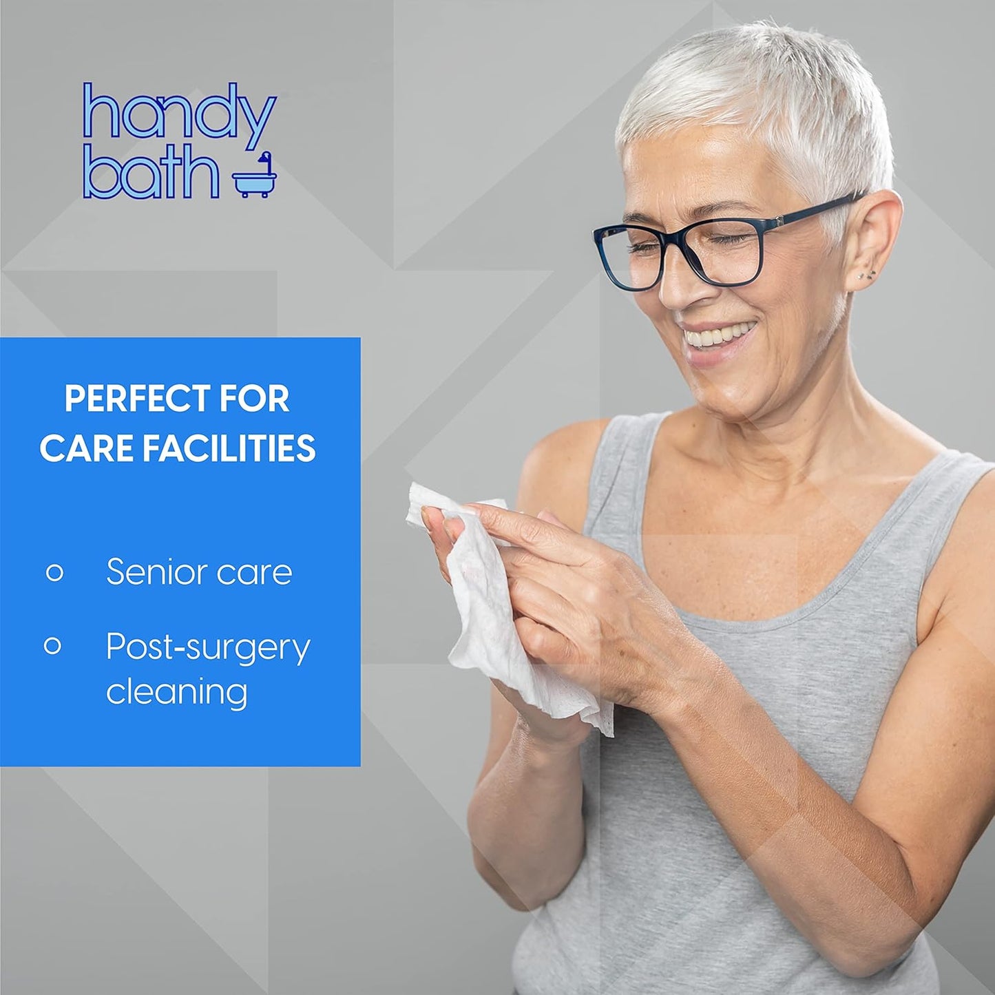 A pouch of Handybath® Adult Washcloths, extra large unscented wipes designed for no-rinse cleansing, with product information visible on the packaging.