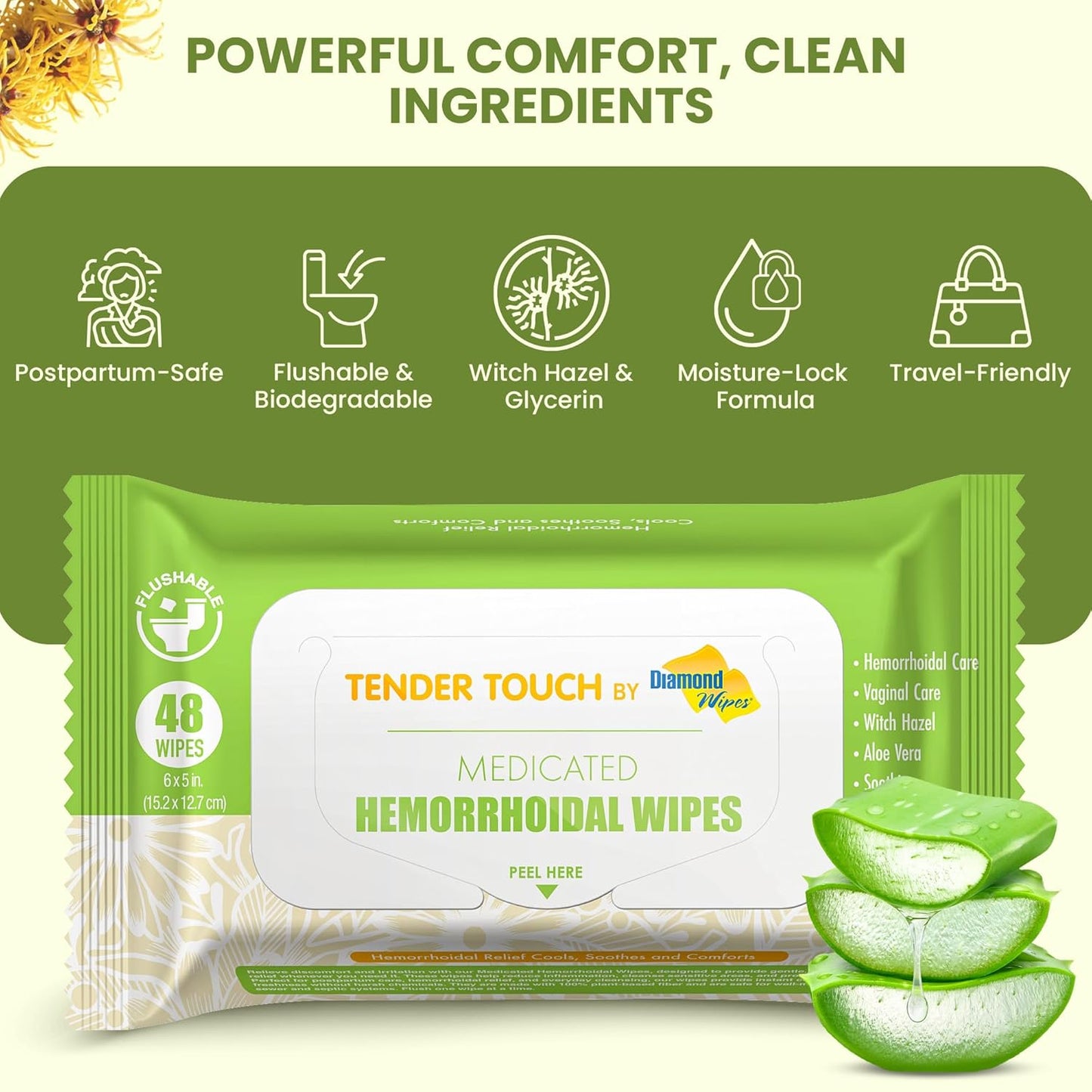 Tender Touch Hemorrhoid Wipes with Witch Hazel and Aloe, Flushable Medicated Wipes