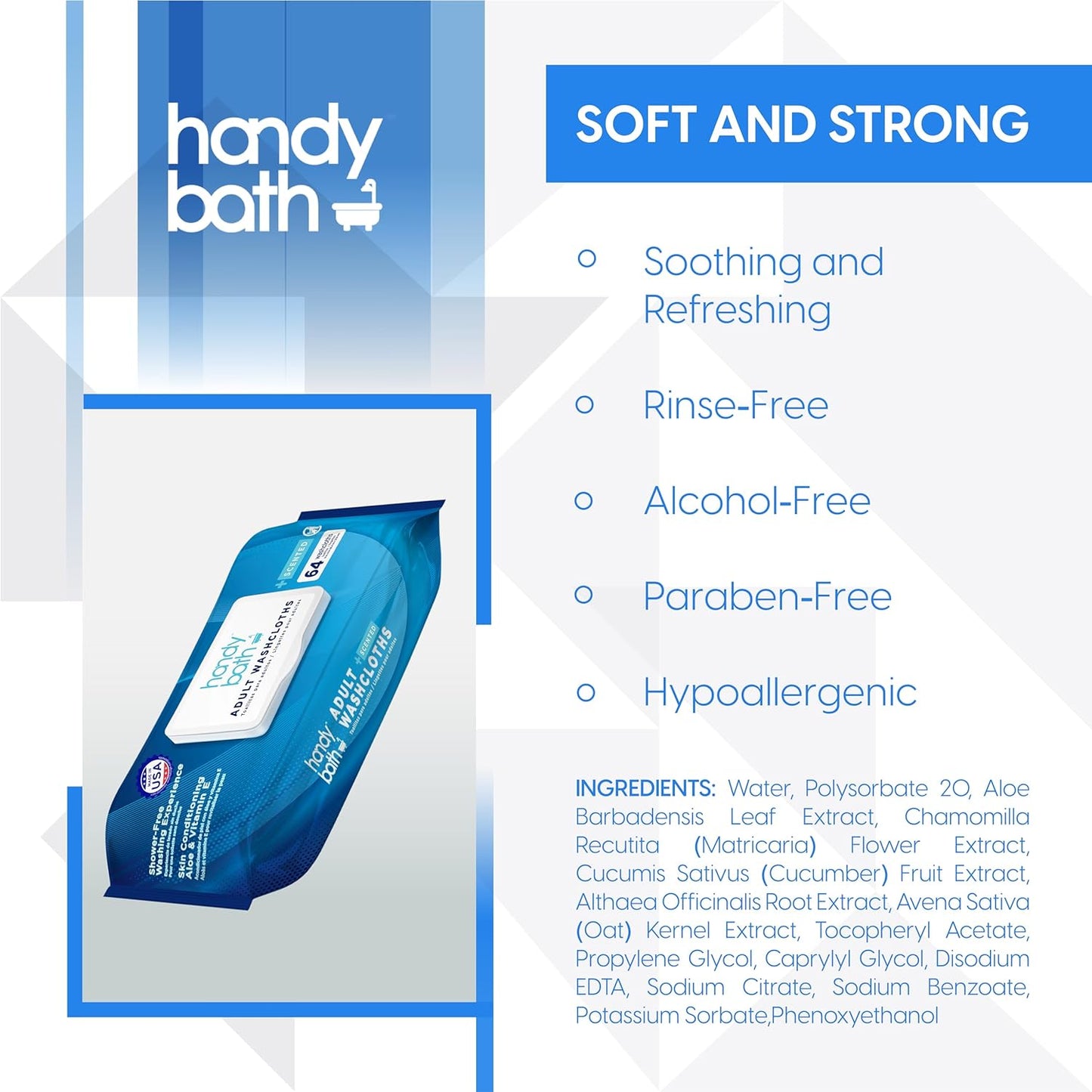 A pouch of Handybath® Adult Washcloths, extra large scented wipes designed for no-rinse cleansing, with product information visible on the packaging.