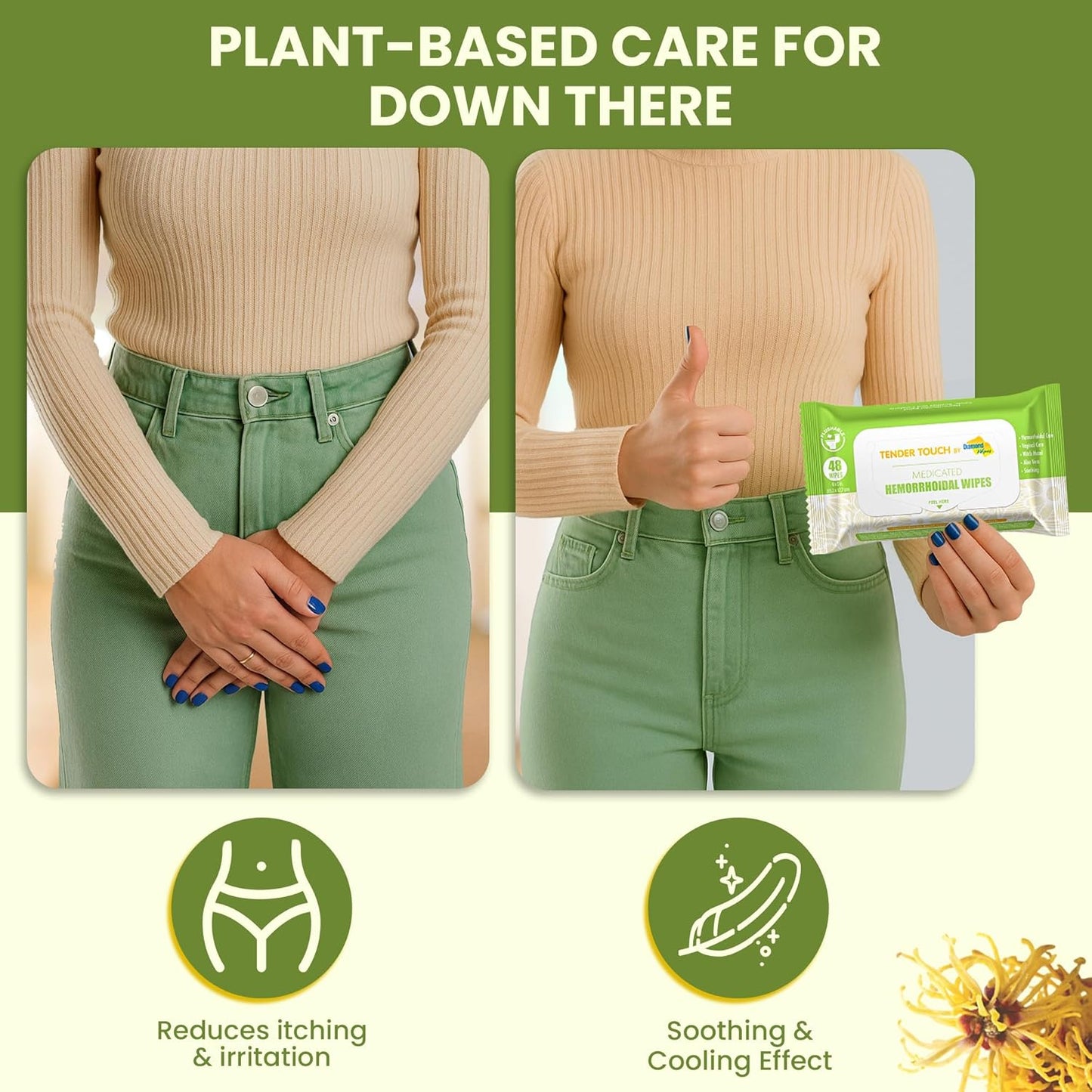 Tender Touch Hemorrhoid Wipes with Witch Hazel and Aloe, Flushable Medicated Wipes