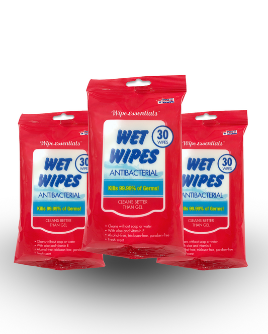 Wipeessentials Anti-bacterial Wipes- 30 count pack, 99.9% Effective Against Most Common Germs