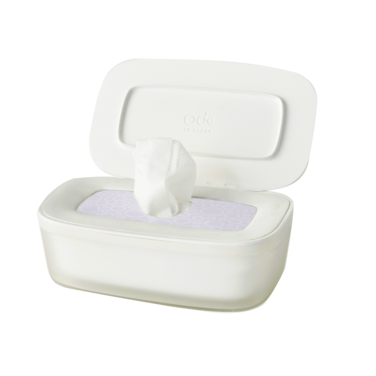 White container of baby wipes with one wipe pulled out on a white background