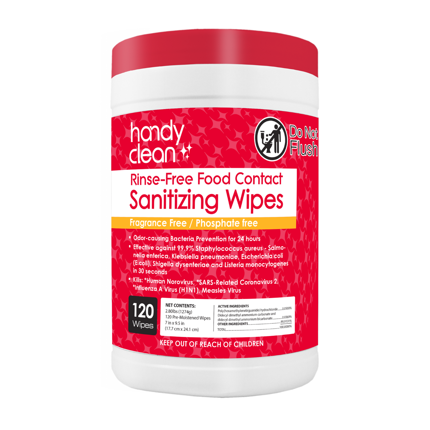 Handyclean Rinse-Free Sanitizing Wipes - 120 Wipes per Canister