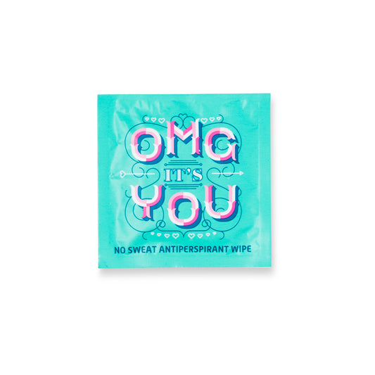 Packaging of LA Fresh No Sweat Antiperspirant Wipes with the text 'OMG IT'S YOU' prominently displayed, indicating a fresh scent and no sweat antiperspirant functionality.