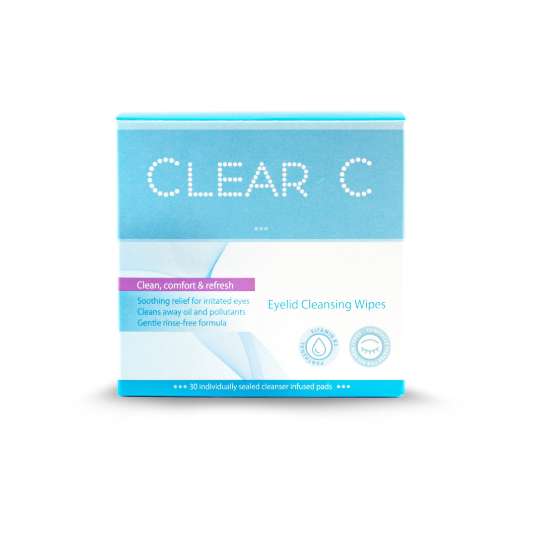 Clear C premium eyelid cleaning wipes box — no-rinse non-irritating formula for daily eyelid hygiene 