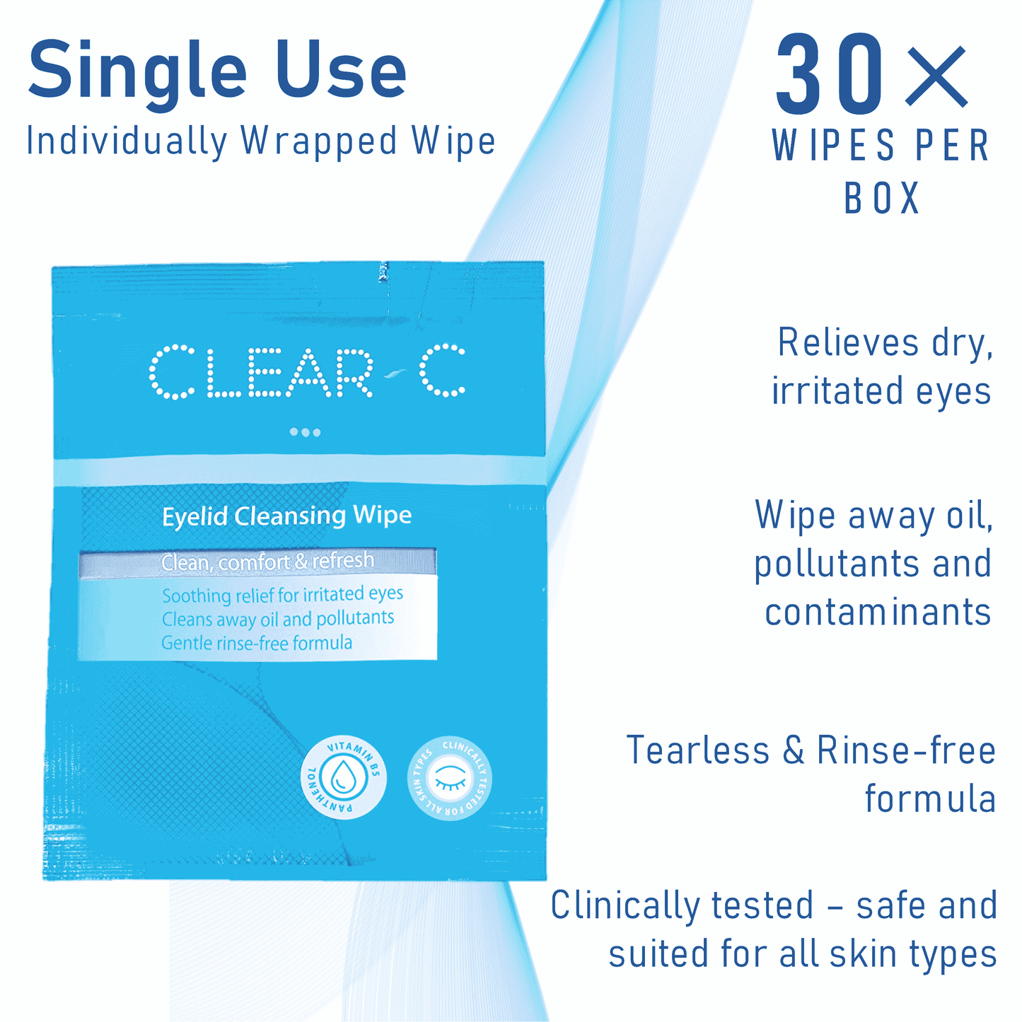Clear C eyelid wipes packaging showing no-rinse gentle formula — recommended for blepharitis and eyelid care 