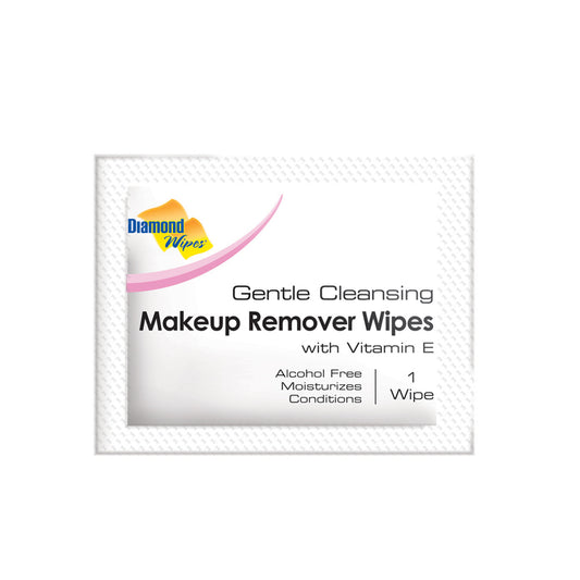 Packaging of Diamond Wipes Gentle Cleansing Makeup Remover Wipes with Vitamin E. The package is white with a pink diamond logo and text detailing the product features.