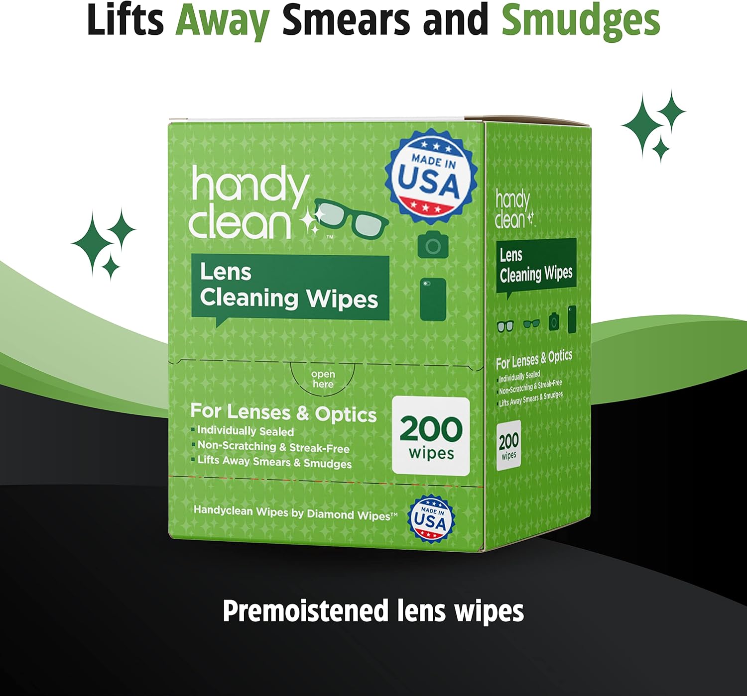 Handy Clean lens cleaning wipes box — TSA-friendly, safe for anti-reflective coated eyeglasses and smartphone screens 