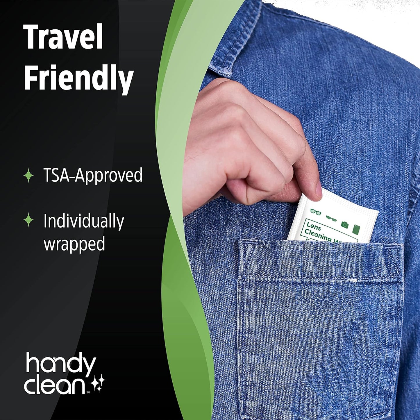 A box of Handy Clean Lens Cleaning Wipes with text highlighting features such as being TSA friendly and lifting away smears and smudges. The box is green with an image of a pair of glasses and a smartphone, indicating the use of the product.