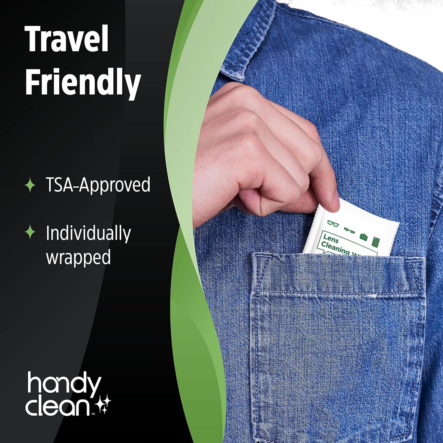 A box of Handy Clean Lens Cleaning Wipes with text highlighting features such as being TSA friendly and lifting away smears and smudges. The box is green with an image of a pair of glasses and a smartphone, indicating the use of the product.