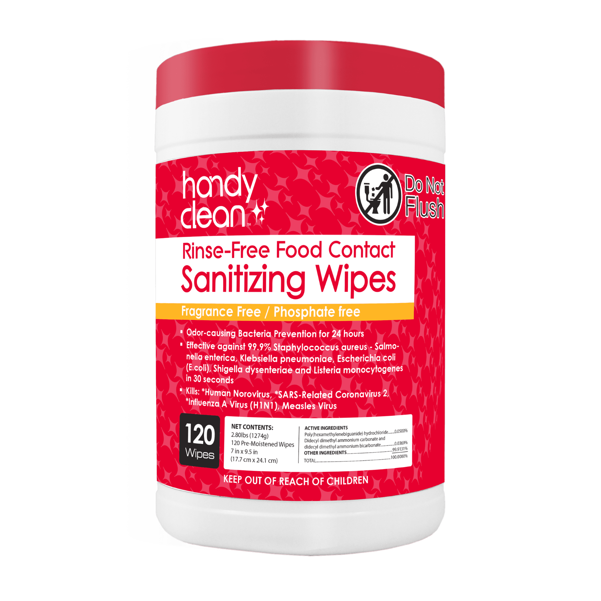 Handyclean rinse-free sanitizing wipes 120-count canister — EPA-re
gistered food contact safe for sanitation stations 