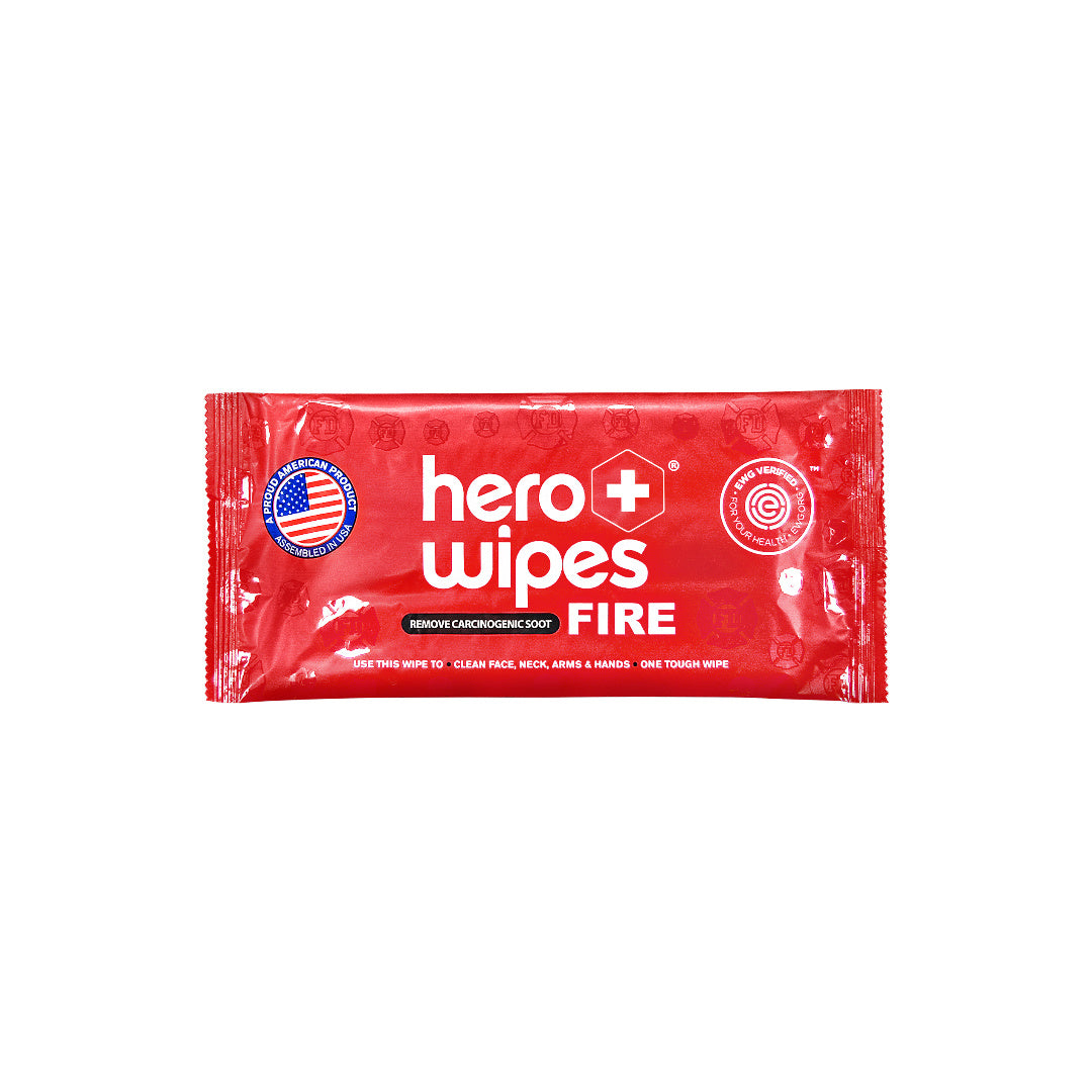 hero Wipes fire decontamination wipes 120-count red case — removes soot ash and carcinogens for firefighters and first responders
