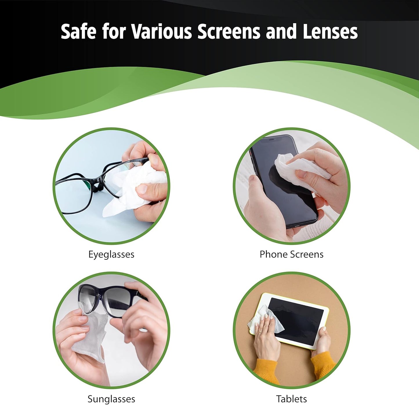 A box of Handy Clean Lens Cleaning Wipes with text highlighting features such as being TSA friendly and lifting away smears and smudges. The box is green with an image of a pair of glasses and a smartphone, indicating the use of the product.