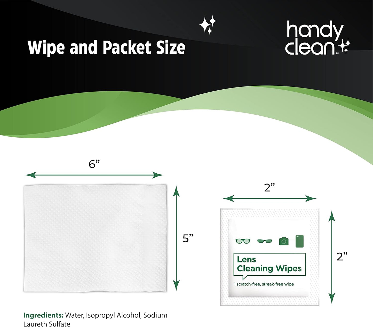 Handy Clean lens wipe box showing features — lifts smears and smudges from glasses and screens, alcohol-free 