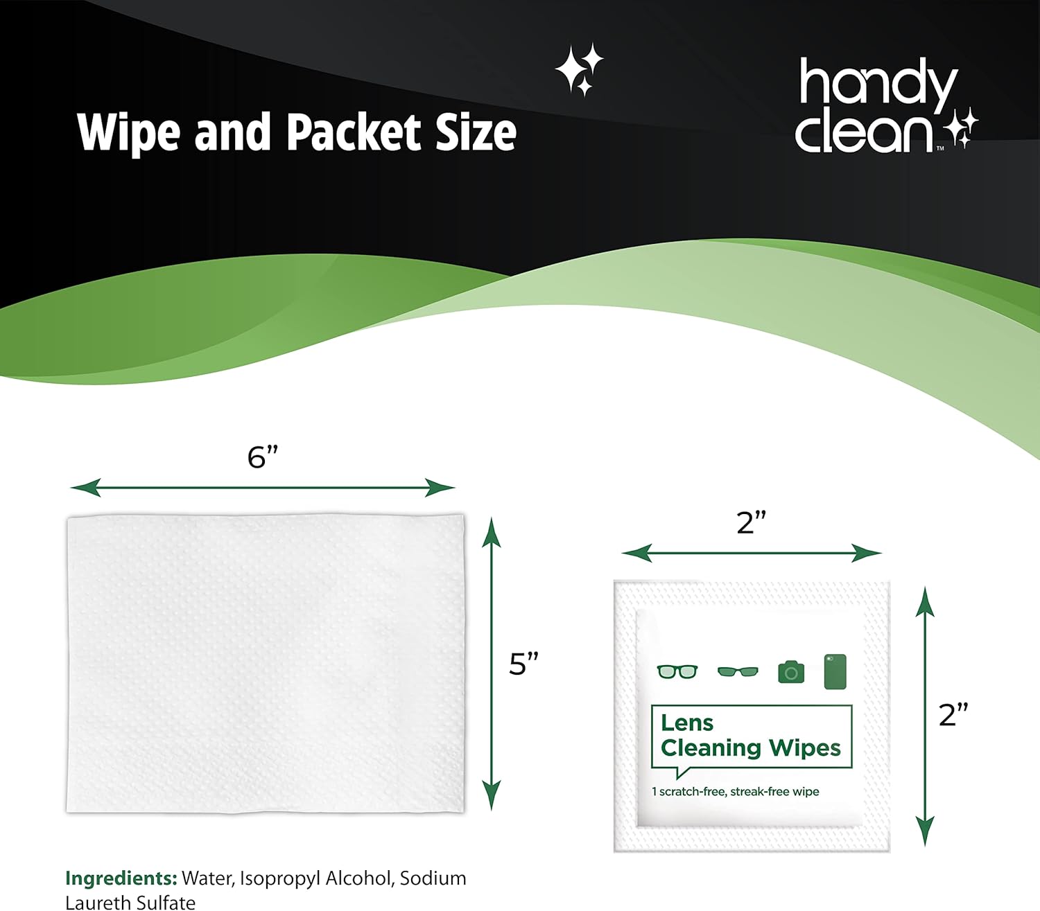 Handy Clean lens wipe box showing features — lifts smears and smudges from glasses and screens, alcohol-free 