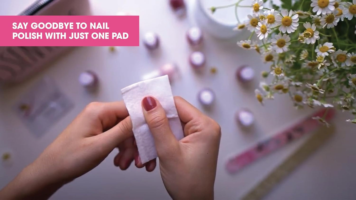 Packaging for Diamond Wipes Acetone Nail Polish Remover Pads, showing a box and individual pads with text highlighting features such as being lint-free and infused with aloe vera.