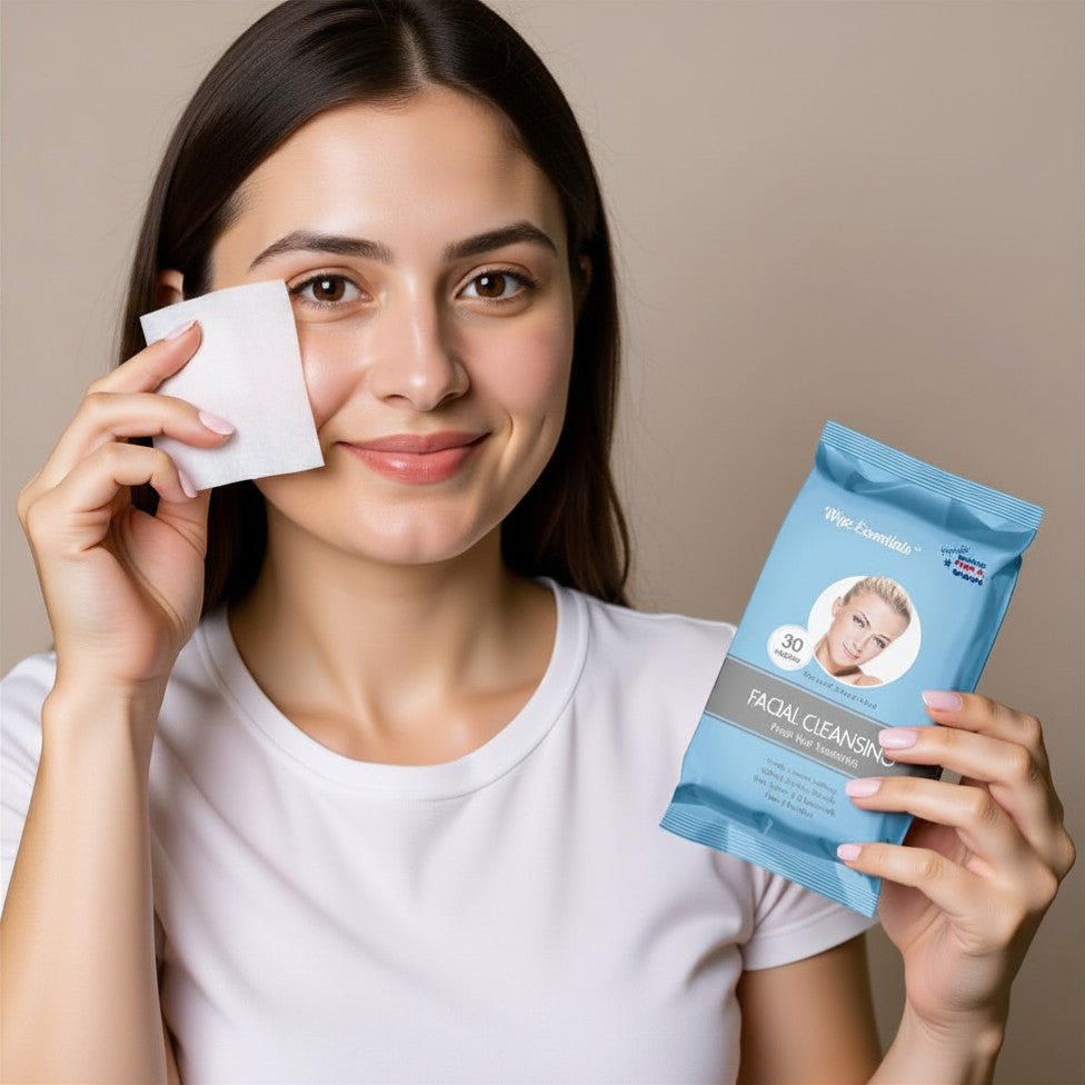 Woman with Wipeessentials oil-free facial cleansing wipes 30-count pouch — for oily combination-prone skin, made in USA with Global Components 