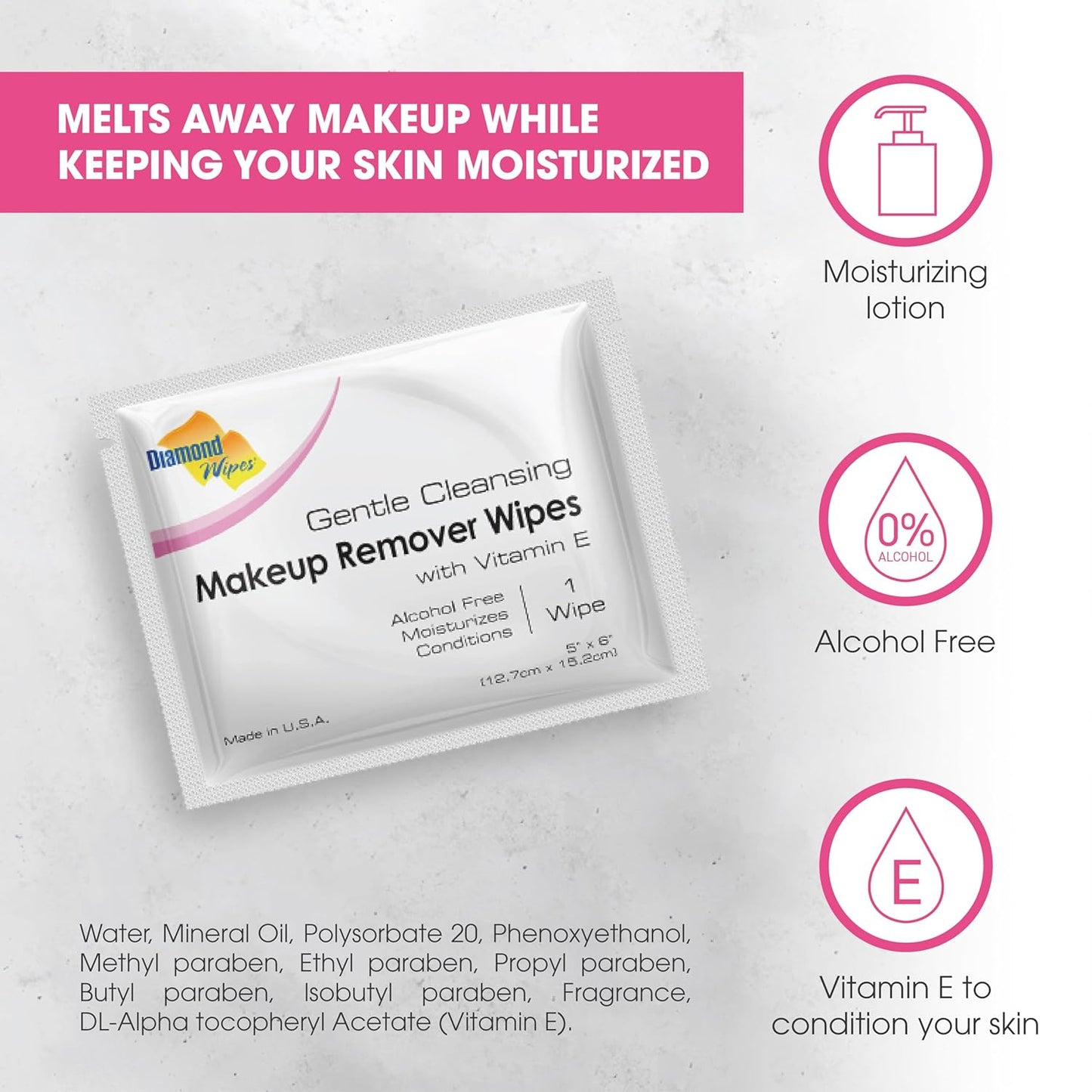 Bulk case of Diamond Wipes makeup remover single packets — individually wrapped for hotel amenity and daily use 