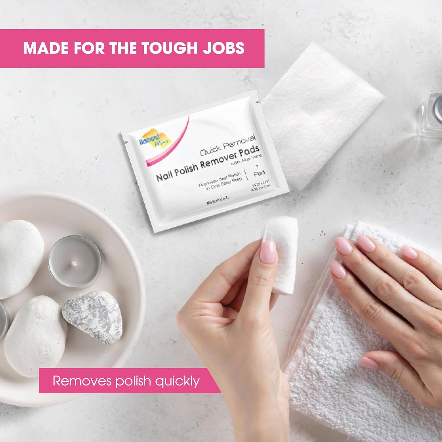 Diamond Wipes nail polish remover pads box with individual foil packets — acetone formula removes all polish types 