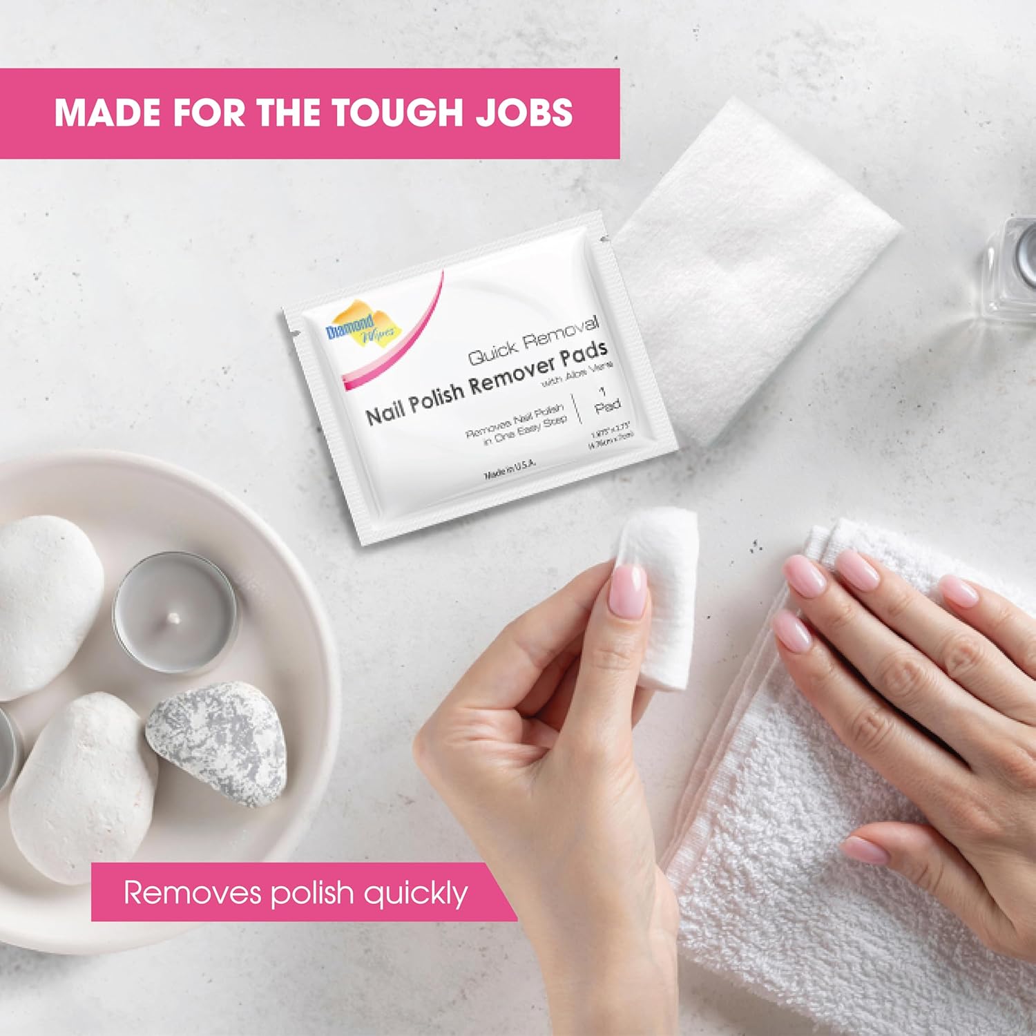 Diamond Wipes nail polish remover pads box with individual foil packets — acetone formula removes all polish types 