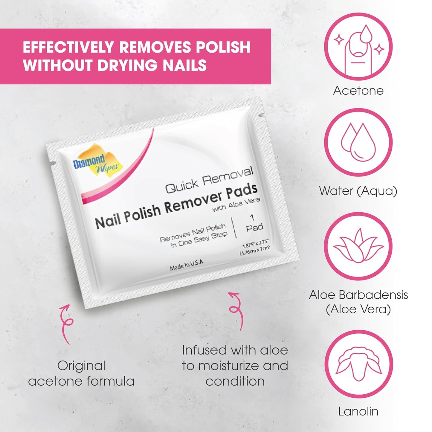 Acetone nail polish remover pad removing dark nail polish — lint-free aloe vera formula for nail salons and home use 