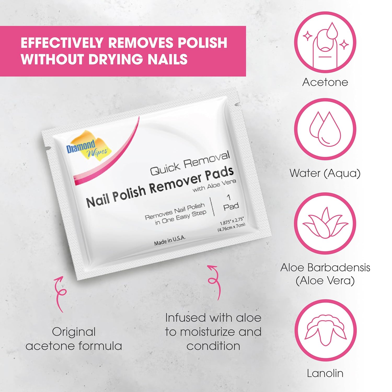 Acetone nail polish remover pad removing dark nail polish — lint-free aloe vera formula for nail salons and home use 