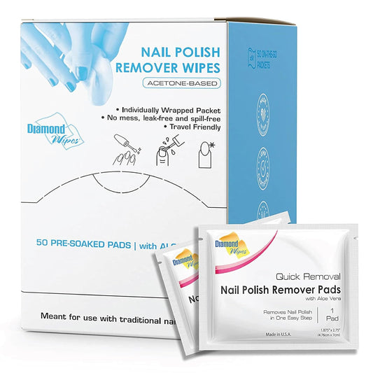 Packaging for Diamond Wipes Acetone Nail Polish Remover Pads, showing a box and individual pads with text highlighting features such as being lint-free and infused with aloe vera.