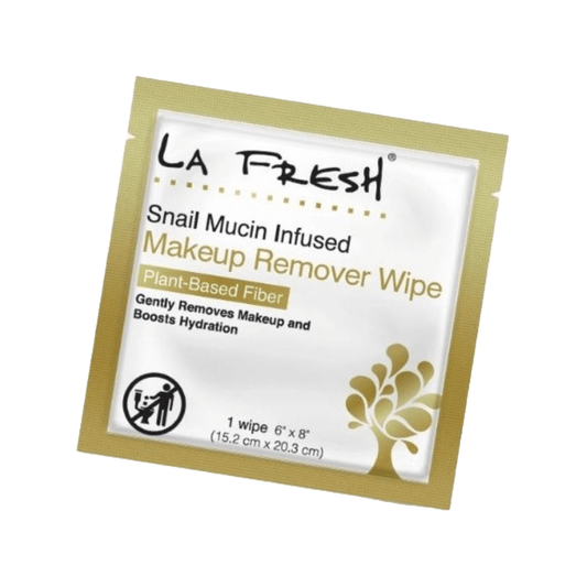 LA Fresh snail mucin infused makeup remover wipe packaging on a white background