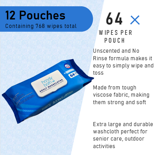 Handybath® Unscented Adult Washcloths - 64 Wipes per Pouch