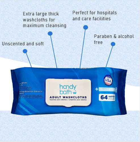 Handybath® Unscented Adult Washcloths - 64 Wipes per Pouch