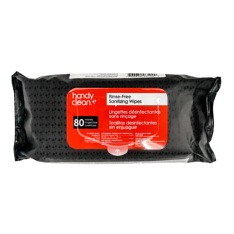 Handyclean™ Rinse-Free Sanitizing Wipes Resealable Soft Pack - Food Contact Surface Safe - 80 Wipes Per Pouch