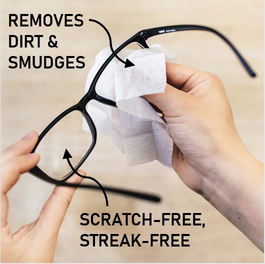 A black packet labeled 'Lens Cleaning Wipes' by LA Fresh. 