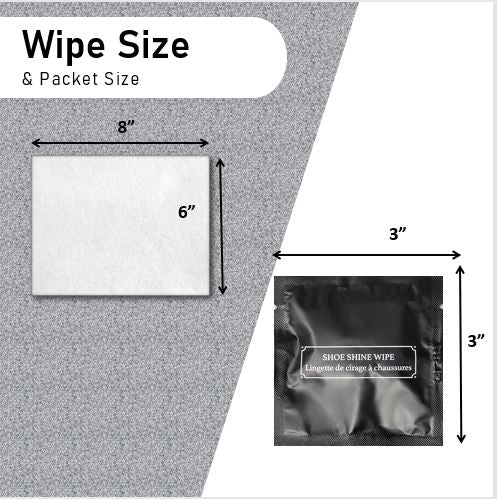 A black packet labeled 'SHOE SHINE WIPES' by La Fresh.