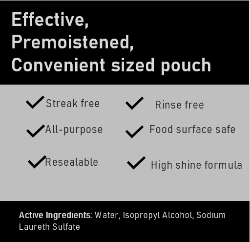 A pouch of Handyclean Table Cleaning Wipes with a label showing the product name and the number of wipes per pouch.